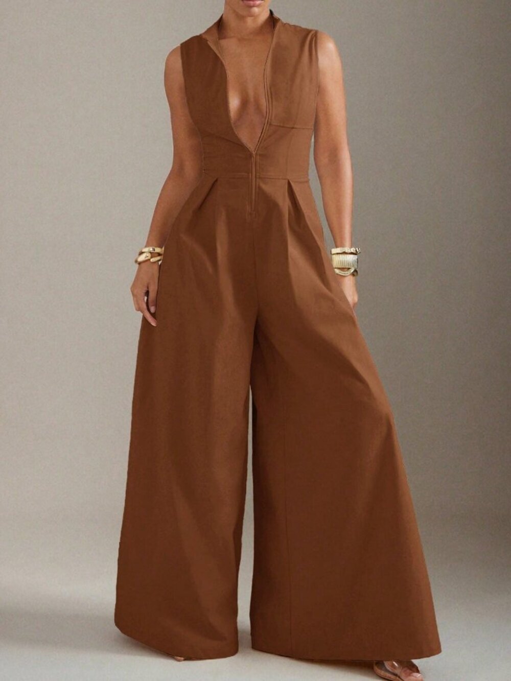 Rust Brown Elegant Women's Extreme Wide Leg Zip Front Sleeveless Jumpsuit - Picture 1 of 5